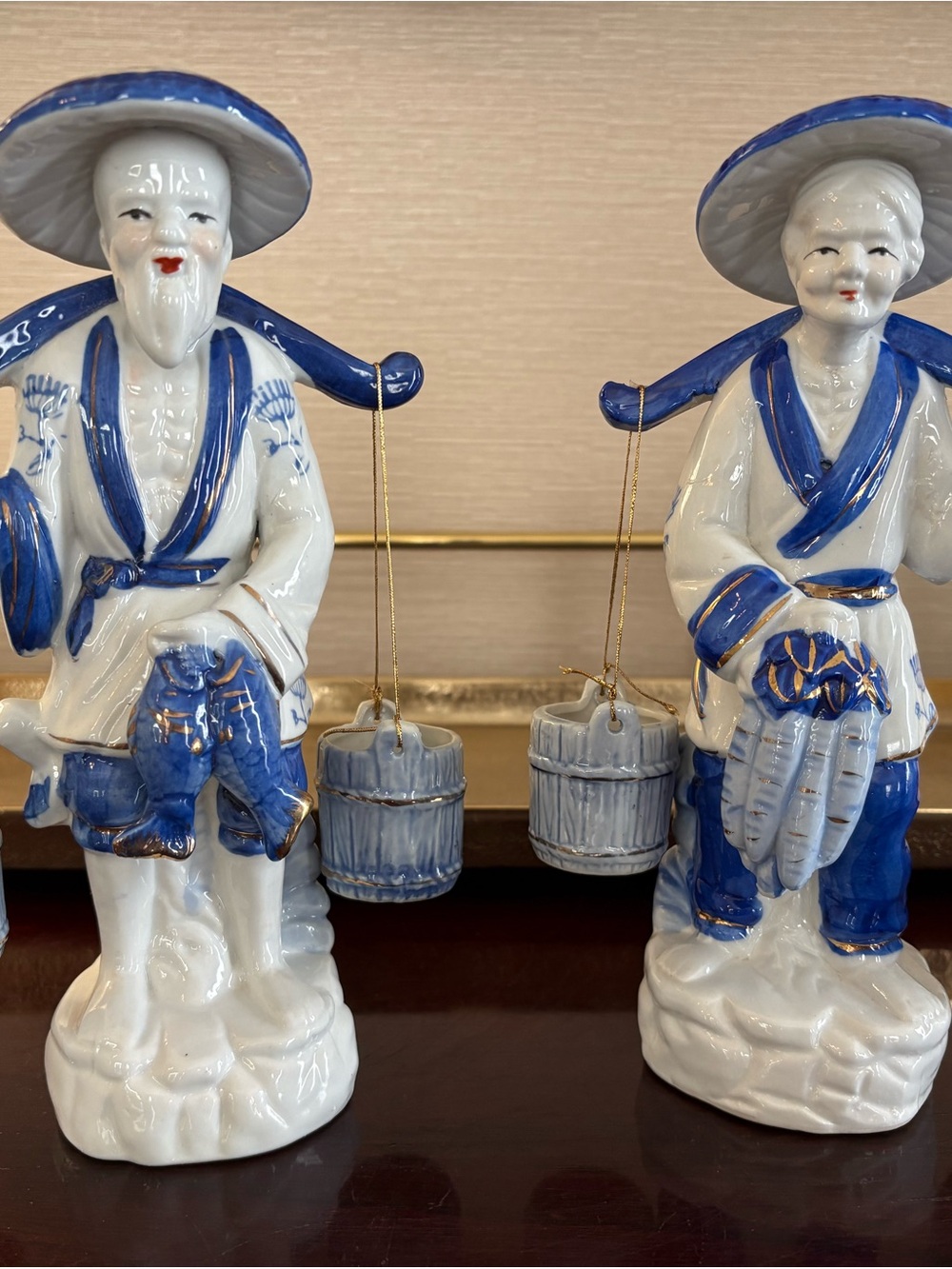 Blue & White Porcelain Fisherman Figurine Pair - Decorative Home Accent